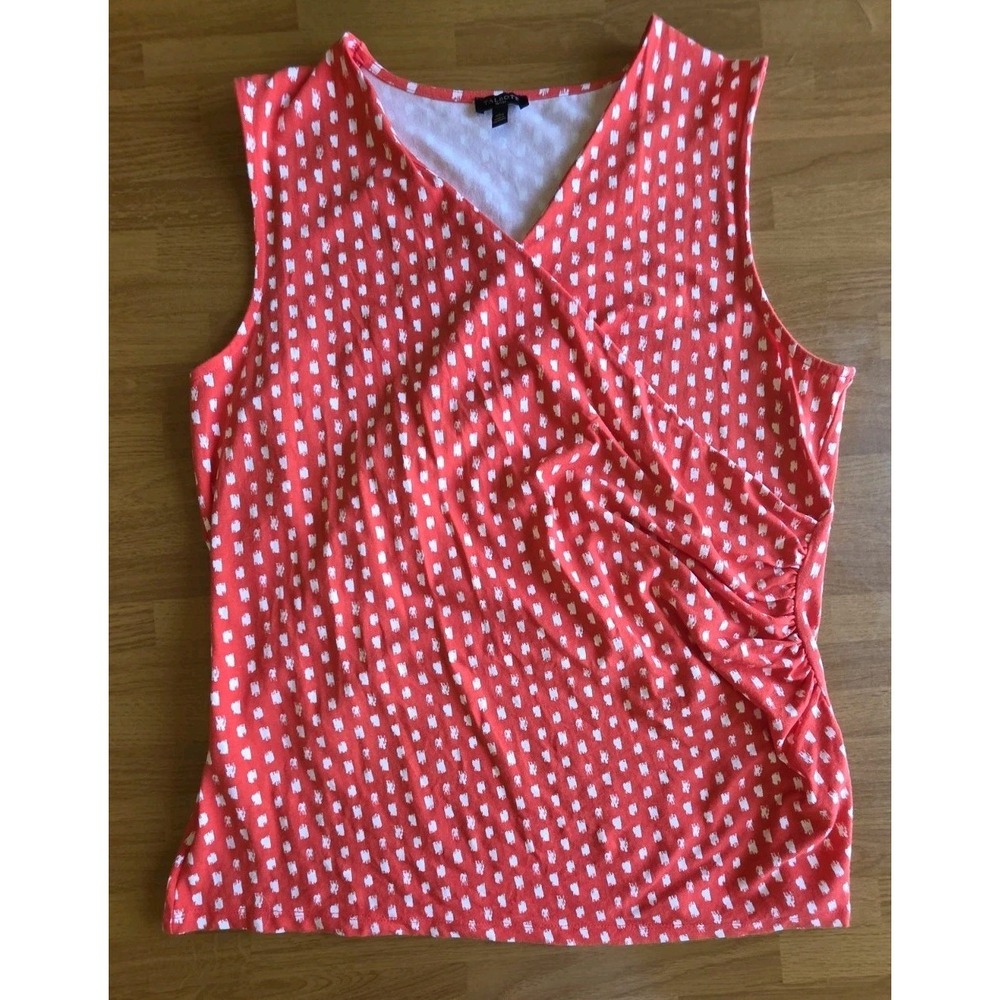 Talbots Petites Coral Orange White Polka Dot Faux Wrap Surplice Top XL Petite